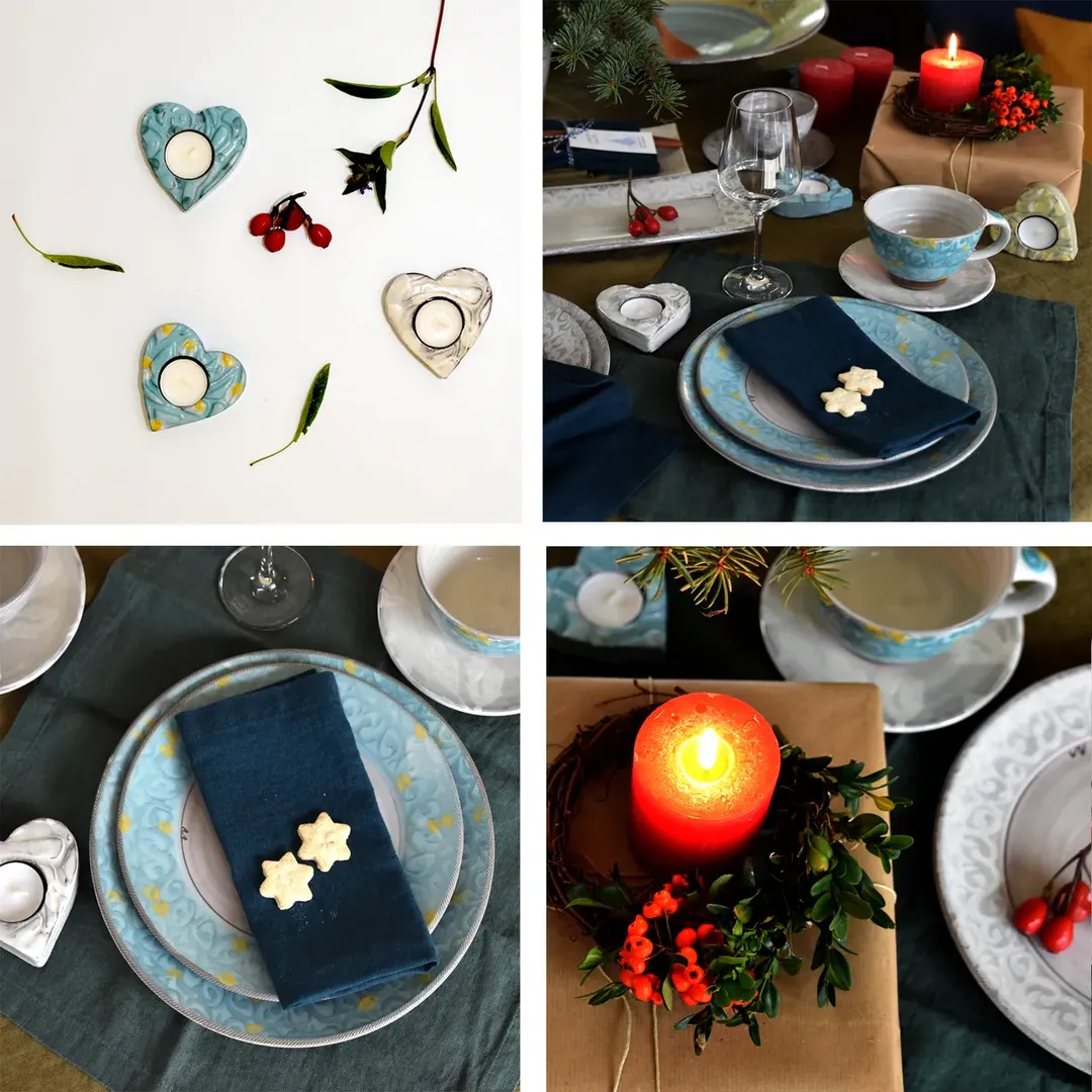 Handgetöpferte Keramik im Advent – Servierplatten, Teller mit Plätzchen und Teelichthalter in Herzform aus der Töpferei Piccolo Keramik bei Dresden